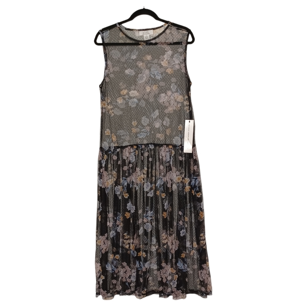 LIFE Semi Sheer Colorful Floral Print Polka Dot Sleeveless Maxi Dress Medium NWT